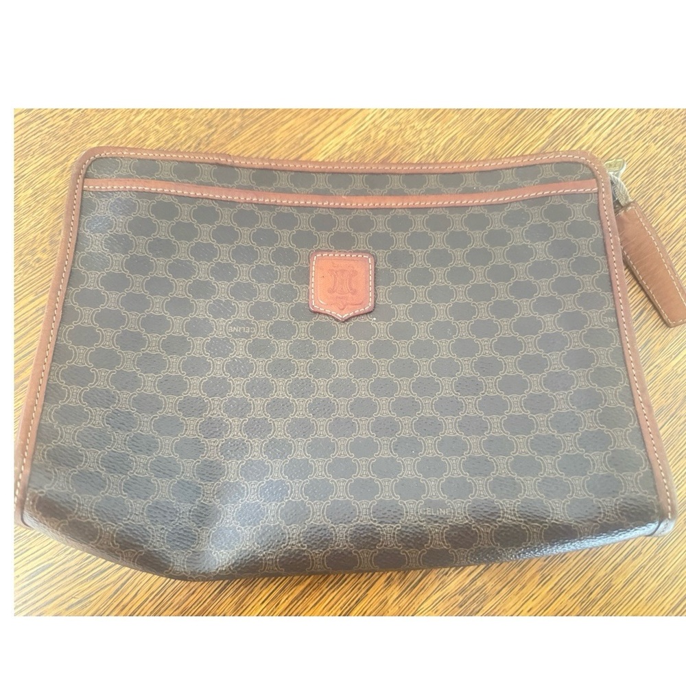 Celine Brown Monogram Cosmetic Pouch with Tan Trim
